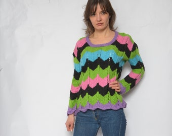 Color Blocking Sweater / Vintage 90's Colorful Knit Zig Zag Pullover - Size Large
