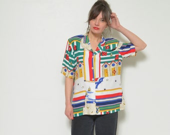 Nautical Print Blouse / Vintage 80s Colorful Oversized Button Short Sleeve Shirt  - Size Medium
