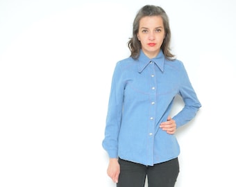 70er-Jahre-Denim-Druckknopfhemd / Vintage-Jeans-Langarm-Top - Größe Klein