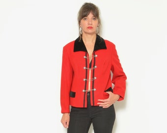 80er Jahre Wolle Knopf Blazer Vintage 1980s Color Blocking Kurze Jacke mit Kettenverschluss - Größe M