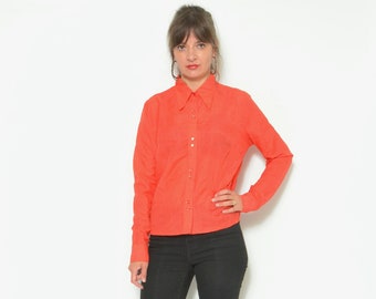 Jaren '70 Button Up Blouse / Vintage lange mouw Mid Sheer Bright Red Collared Shirt Top - Maat medium