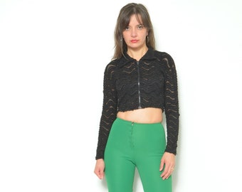 90s Sheer Mesh Crop Top – Vintage Long Sleeve Blouse, Small