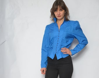 Big Sleeve Button Blouse / Vintage 80s Fitted Silk Like Long Sleeve Shirt - Size Medium