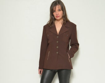 Blazer con bottoni scozzesi / Giacca in lana aderente con colletto vintage anni '90 - Taglia grande