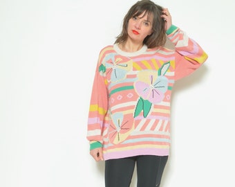Vintage 80s Linen Colorful Sweater - Multi Color Striped Pullover Size M