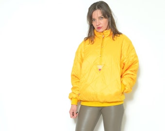 80s Ski Quilted Jacket / Vintage 1980s Zipper Up Bright Yellow Snowboarding Hoodie Jumper Active Sports Wear Size Medium