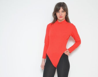 Mock Neck Leotard / Vintage 80s Long Sleeve Bright Red Bodysuit / Blouse - Size Medium