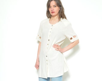 Linen Button  Blouse / Vintage 90s Cut Out Sleeve Natural Top Size L XL