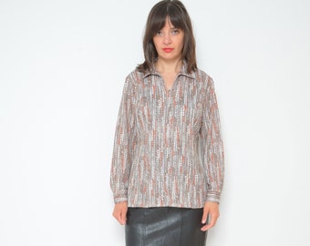 Mesh Long Sleeve Top / Vintage 90s Abstract Painting Print Sheer