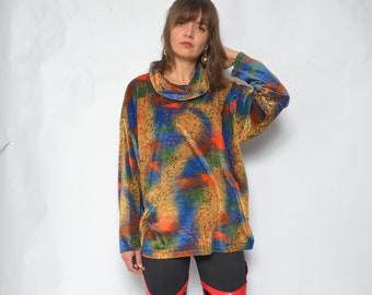 Abstract Velvet Blouse / Vintage 90s Colorful High Neck Long Sleeve Oversized Top - Size Large