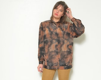 Vintage 80s Abstract Print Blouse: Oversized Shoulder Top, M/L