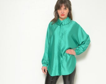 Satin Bating Sleeve Blouse / Vintage 80s Oversized  Long Sleeve Shiny Shirt / Button Silky Top - Size Small/Medium