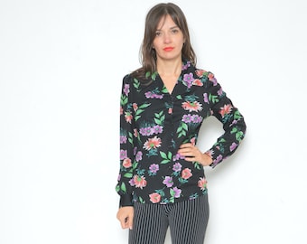 Floral Print Shirt / Vintage 80s Flower Print Glossy Button Long Sleeve Colorful Blouse - Size Medium
