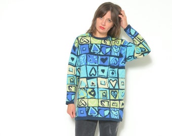 90 Wool Heart Sweater / Vintage 1990s Colorful Geometric Pullover Size Medium