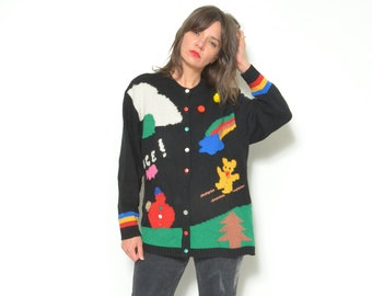 Bunte Wolle Knopf Strickjacke / Vintage 80er Jahre Winter Bär Muster Muster Color Blocking Sweater - Größe Medium/Large