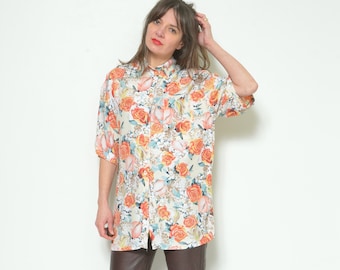 Floral Print Blouse/ Vintage 90s Rose Print Button Short Sleeve  Top - Size Medium Large