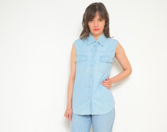 Vintage 90's Denim Sleeveless Shirt / Snap Button Denim Top - Size Small