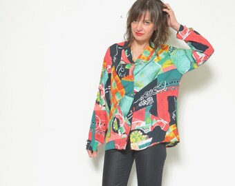 80s Abstract Print Blouse / Vintage 1980's Long Sleeve Colorful Button Collared Shirt - Size Large