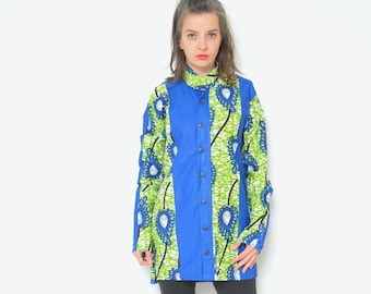 Vintage African Print Cotton Shirt: Blue Green Abstract, 1990s