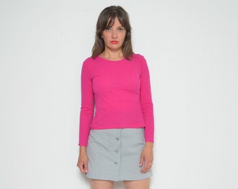 Top in rete trasparente vintage anni '90: camicetta a maniche lunghe rosa brillante, taglia piccola