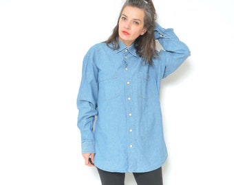 Denim Button Shirt / Vintage 00s Thin Jean Fabric Long Sleeve Oversized Top - Size Medium