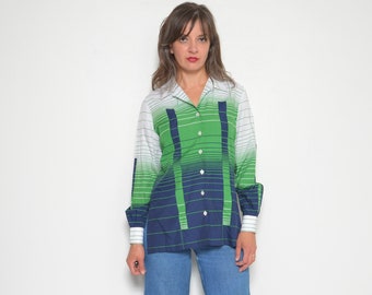 Camicetta geometrica vintage anni '80: camicia a righe color block, taglia media