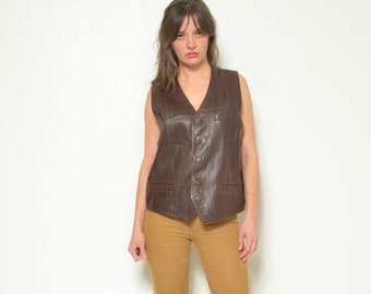 80s Vintage Brown Leather Vest: Fitted Motorcycle Style, Size Large