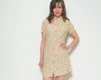 Vintage 90's Floral Button Dress / Collared Beige Micro Print Short Sleeve - Size Small