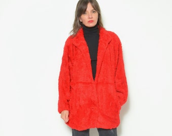 80's 90's vintage オーバーサイズ ファーコート ジャケット 80年代ヴィンテージフェイクファーコート：鮮やかなレッドのオーバー