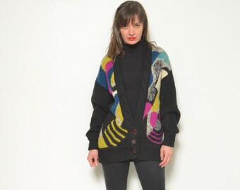 Colorful Wool Button Cardigan / Vintage 80s Abstract Pattern Button Color Blocking Oversized Sweater - Size Large