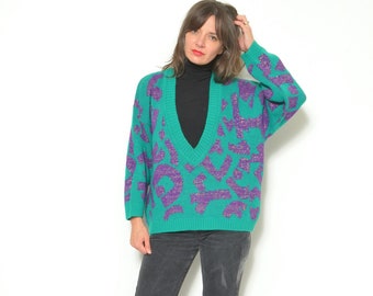 Vintage 80s Abstract Wool Sweater: Green Metallic Deep V-Neck, Size Medium