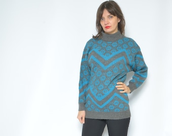 Suéter de lana geométrica / Vintage 80s color espumoso bloqueo de manga larga Pullover - tamaño pequeño