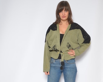 Linen Embellished Jacket / Vintage 80s Denim Jean Batwing Fitted Waist Blazer - Size Small