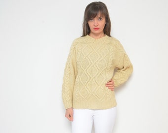 Wool Braid Knit Sweater / Vintage 90s Crew Neck Natural Beige Warm Winter Oversized  Pullover - Size Small