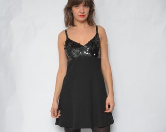 Robe Strappy Sequin / vintage 80s Sleeveless Short Mini Black Cocktail Dress - Taille moyenne