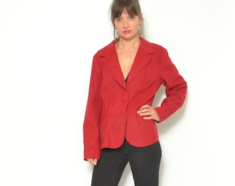 90s Wool Button Blazer / Vintage 1990s Embellished Floral Fitted Dark Red Jacket - Size Medium