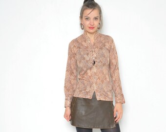 Geometric Print Button Shirt / Vintage 80s Long  Sleeve Micro Print Blouse - Size Extra Small