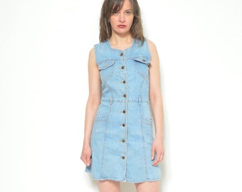 Robe boutonnée en jean / Mini robe courte sans manches en jean vintage des années 90 - petite taille