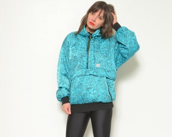 80s Abstract Print Ski Jacket / Vintage Glossy Turquoise Geometric Zipper Up  Snowboarding  Jumper Active Sports Wear Size Medium