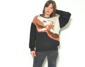 90s Angora Blend Sweater: Vintage Abstract Floral Pullover, XL/XXL