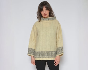 Folk Wool Sweater / Vintage 90s Scandinavian Winter Woven Pullover / High Neck Top - Size Medium