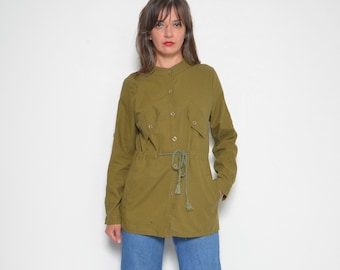 Vintage 90s Olive Green Military Shirt: Fitted Cotton Jacket