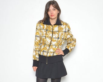 Vintage Silk Wool Bomber Jacket: 90s Baroque Print, Size Medium