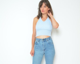 Halter Knit Top / Vintage 90s Ribbed Light Blue Backless Sleeveless Cropped Summer Blouse - Size Extra Small