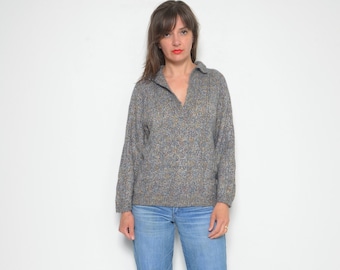 Fuzzy Collared Sweater / Vintage 80s Multi Color Light Knit Pullover - Size Medium