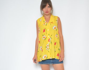 Floral Print Blouse/ Vintage 90s Sleeveless Colorful Buttons Flower Print Summer Top - Size Medium