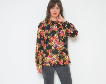 Floral Button Blouse / Vintage 70s Sweish Colorful Long Sleeve Shirt - Size Large