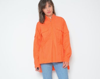 Sports Zipper Jacket / Vintage 80's Waterproof Long Sleeve Neon Orange Pockets Rain Fitted Waist  Jumper - Size Medium