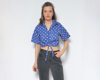 Tie Waist Cropped Blouse / Vintage 90s Polka Dot PrintShort Sleeve Top - Size Small