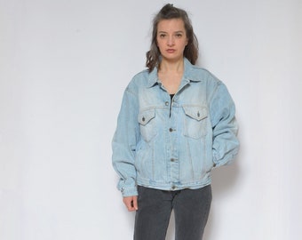 Acid Wash Denim Jacket /Vintage 90s Jean Button Classic Truckers Jacket - Size Large